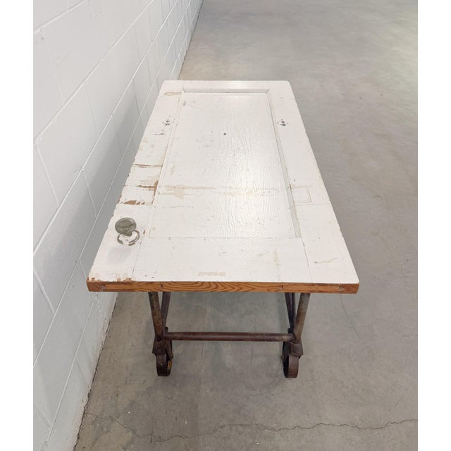 Vintage Industrial Farmhouse Work Bench Table With Caster Wheels For Sale - Image 4 of 10