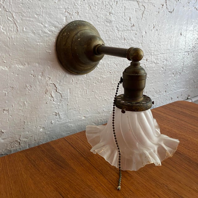 Antique Industrial Brass Wall Sconce With Frosted Ruffle Shade For Sale In New York - Image 6 of 11