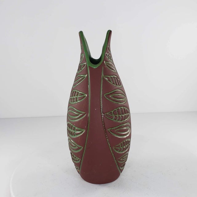 MCM Hjordis Oldfors LE Sweden Upsala Ekeby Vase 5795 Brown Green Leaf About 7.25" tall. Signed on the bottom LE Sweden...