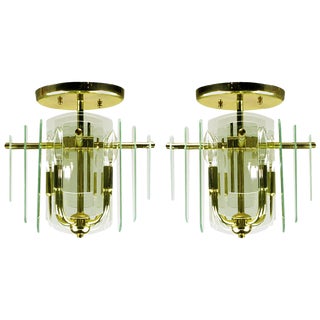 Brass and Beveled Graduated Glass Ceiling Lights - a Pair For Sale
