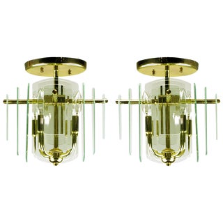 Brass and Beveled Graduated Glass Ceiling Lights - a Pair For Sale