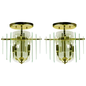 Brass and Beveled Graduated Glass Ceiling Lights - a Pair