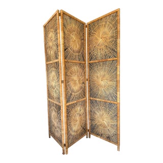 Vintage 1970s Mid-Century Modern Sunburst Rattan Folding Screen Room Divider For Sale