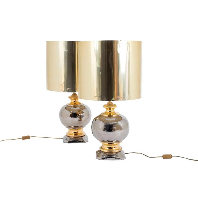 Golden and Silver Luster Glazed Ceramic Ball Table Lamps, 1960s, Set of 2 For Sale - Image 6 of 7
