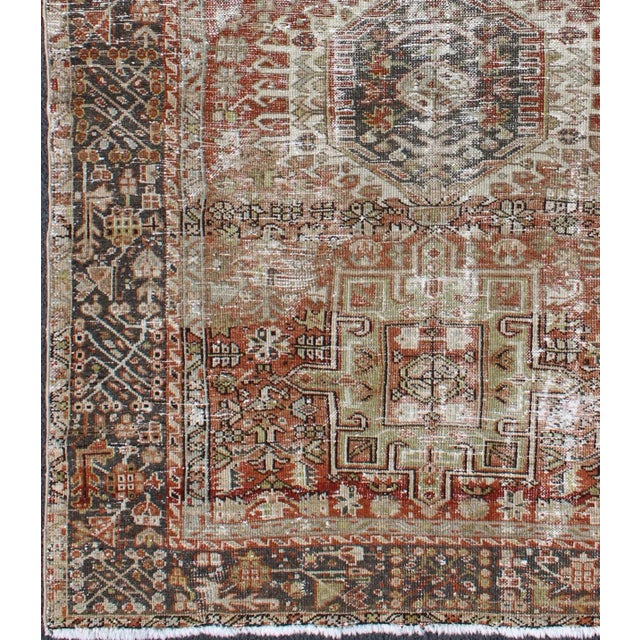 Distressed Persian Hand Knotted Karadjeh Rug With Medallion Geometric Tribal Design For Sale - Image 4 of 12