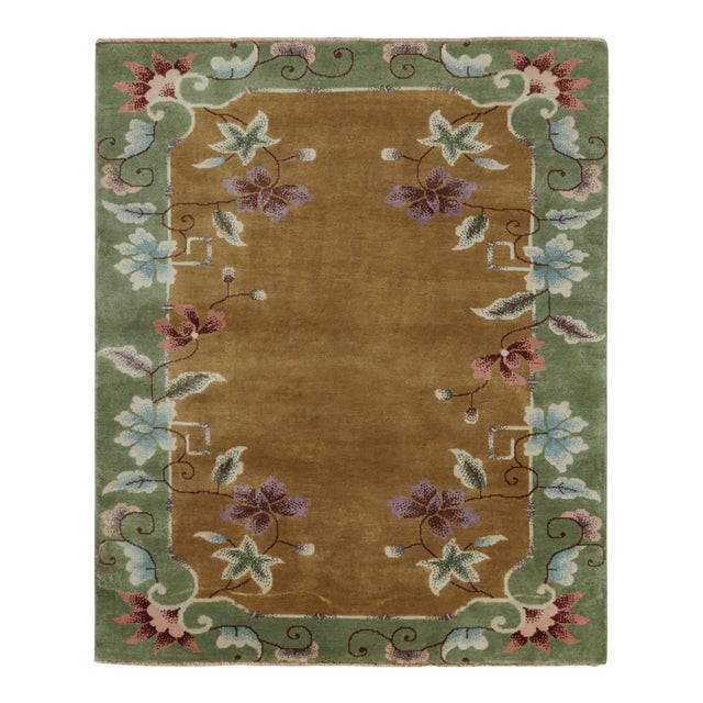 Rug & Kilim’s Chinese Art Deco Style Rug in Gold With Floral Pattern For Sale