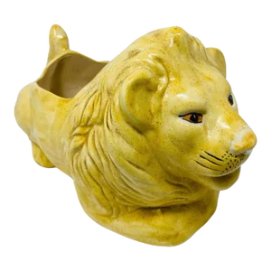Vintage 1970's Signed Glazed Ceramic Hand Painted Lion Planter