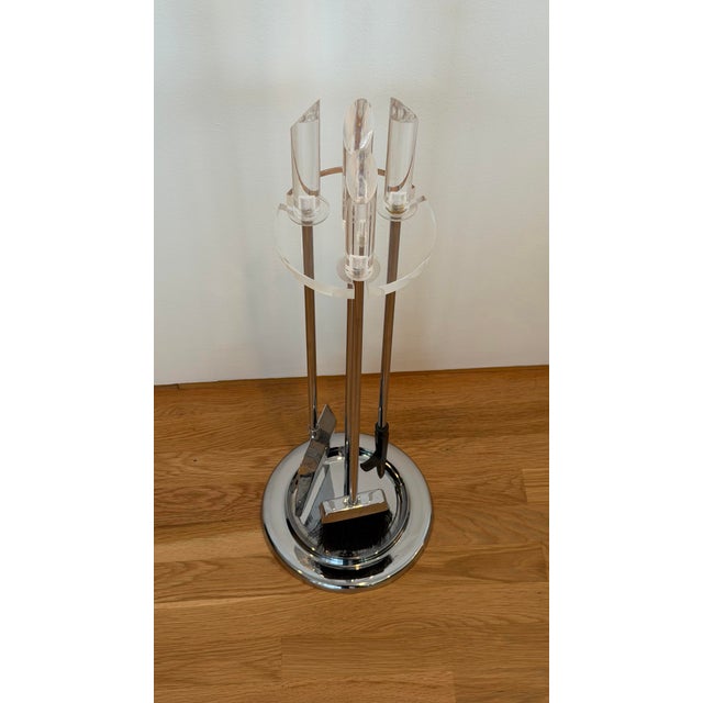 Metal 1970s Modernist Chrome and Lucite Round Fireplace Tool Set - 4 Pieces For Sale - Image 7 of 12