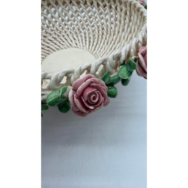 Ceramic A Vintage Italian Capodimonte Woven Creamware Wedding Basket With Rose Decorations, Circa 1950's For Sale - Image 7 of 12