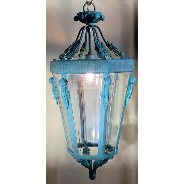 Vintage Neoclassical Verdigris Lantern – Greek Key Detail – Restored & Rewired For Sale - Image 4 of 15