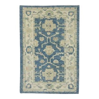 Early 21st Century Blue Floral Design Handwoven Wool Turkish Oushak Rug 3'11" X 6'4" For Sale
