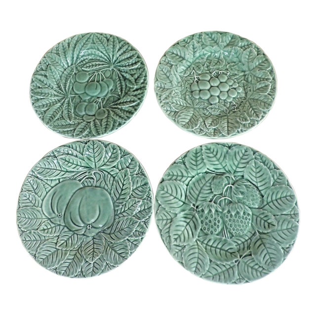 Vintage Bordallo Pinheiro Fruit Green 7.75" Salad Plates- Set of 4 For Sale