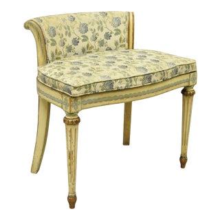 Vintage French Regency Art Deco Cream Blue Distress Painted Vanity Bench Chair For Sale