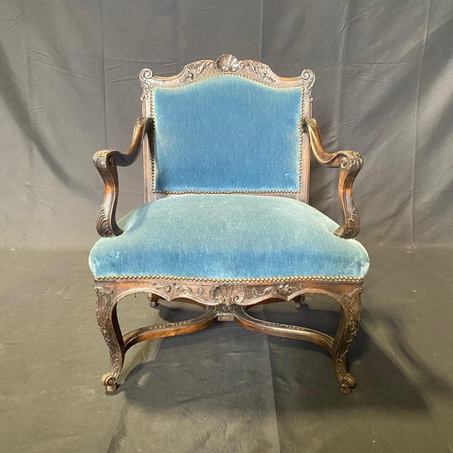 Set of 4 antique French Louis XV chairs with stunning original blue mohair upholstery with brass tack beading, all...