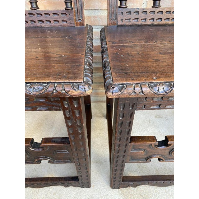 Set of Early 20th Century Spanish Carved Chairs with Wood Seat, 1890s For Sale - Image 9 of 15