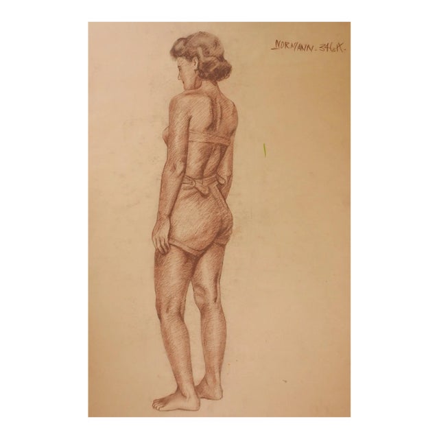Vintage 1950s Charles Normann Sepia Chalk Female Figure Drawing For Sale