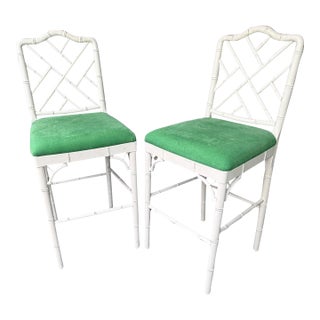 1990s Pair of True White Faux Bamboo Chinese Chippendale Barstools For Sale
