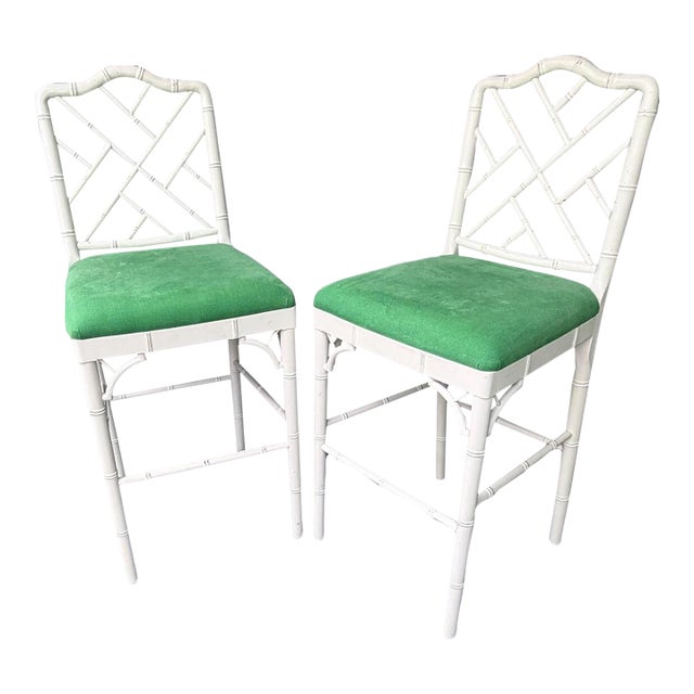 1990s Pair of True White Faux Bamboo Chinese Chippendale Barstools For Sale