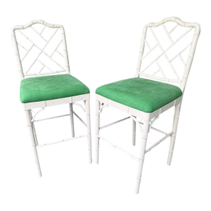 1990s Pair of True White Faux Bamboo Chinese Chippendale Barstools