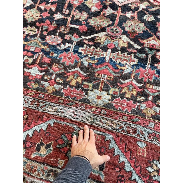 Persian 1920s NORTHWEST PERSIAN HERIZ VILLAGE CARPET Century Old Indigo-Ground Organic Wool & Dyes 8.9 x 11.9 For Sale - Image 3 of 17