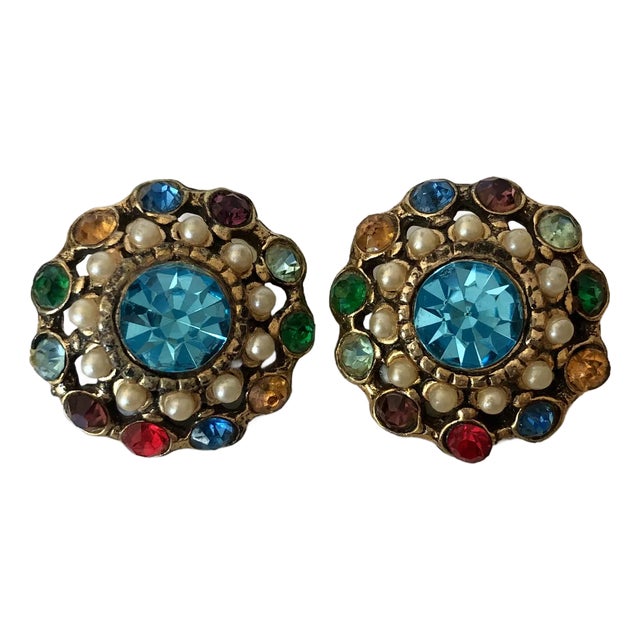 Vintage Mexican Colored Crystal and Petit Point Pearl Cluster Earrings - 2 Pieces For Sale