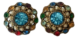 Vintage Mexican Colored Crystal and Petit Point Pearl Cluster Earrings - 2 Pieces