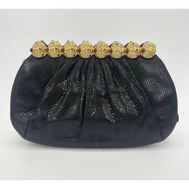 Vintage Judith Leiber Black Lizard Gold Gemstone Top Clutch For Sale In Philadelphia - Image 6 of 13