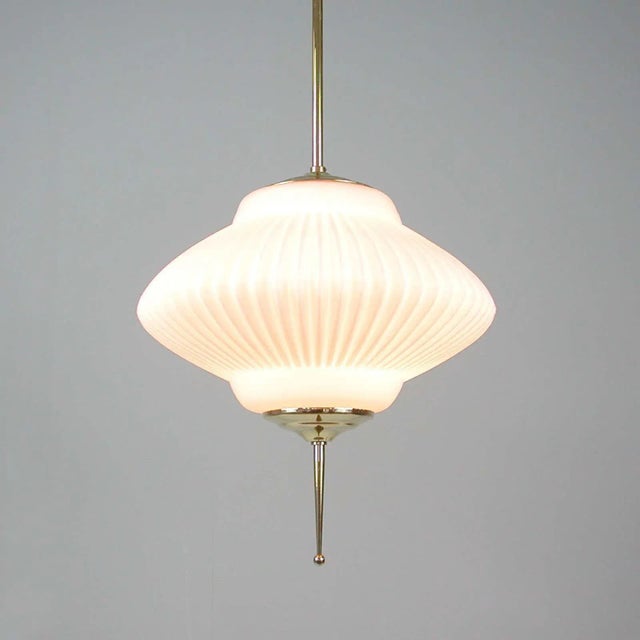 Metal Mid-Century Modern Ribbed Milk Glass and Brass Globe Pendant from Stilnovo For Sale - Image 7 of 18