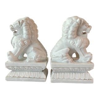 Solid White Marble Foo Dog Bookends - a Pair For Sale