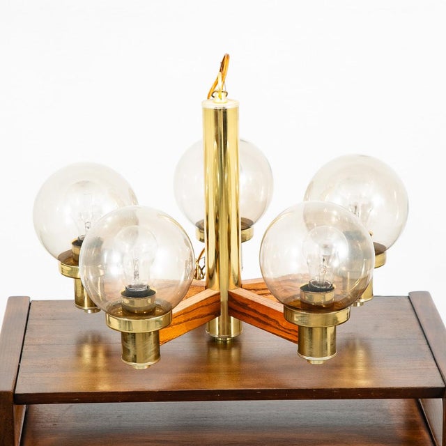 Mid-Century Modern 1960s Mid Century Modern Chandelier Light Lamp Brass Oak Wood 5 Light Ceiling Glass For Sale - Image 3 of 12