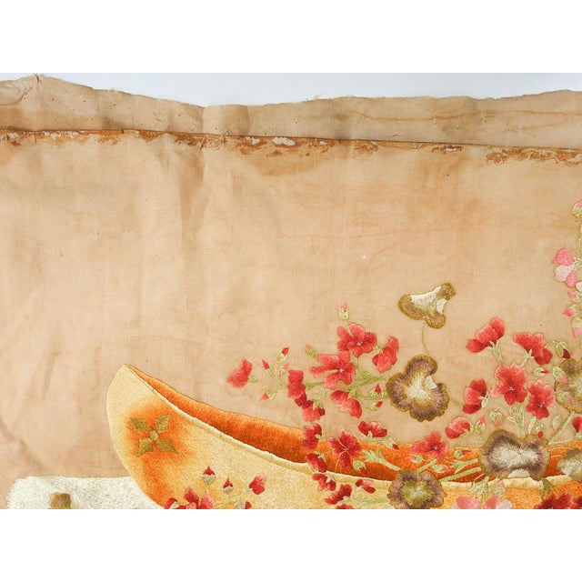 Burnt Orange Late 19th Century Distressed Silk Embroidered Floral Still Life on Cotton For Sale - Image 8 of 10