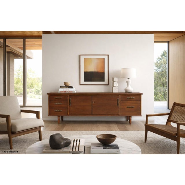 This exquisite 1960s walnut credenza showcases the sophisticated design vision of Maurice Bailey for Monteverdi Young. A...