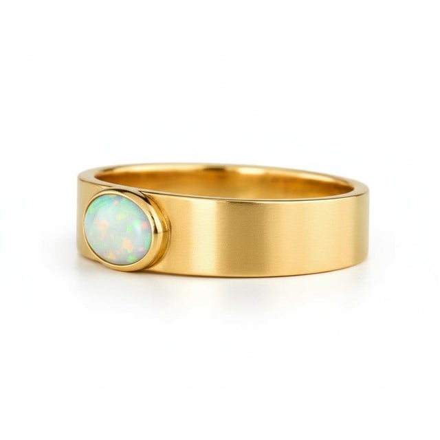 Modern Bezel Set Oval Opal Wide Matte Band Silver, Gold, Size 10 For Sale - Image 3 of 6