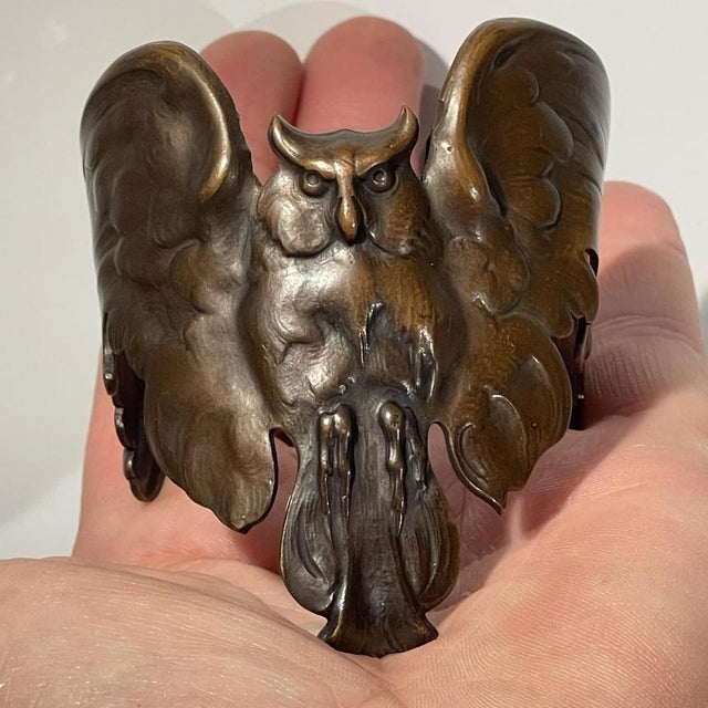Art Nouveau Bracelet Owl with Spread Wings Bronze with Copper Patina For Sale - Image 3 of 11