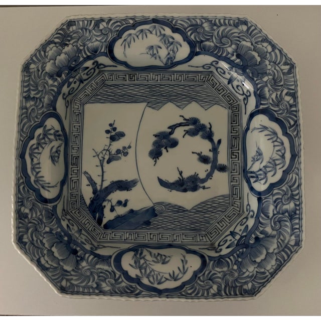 Antique Japanese Ko-Imari Blue and White Octagonal Plate With Landscape For Sale - Image 11 of 18