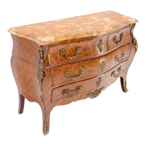 Bombe Bronze Ormolu Marble Top French Satinwood Louis XV 3 Drawers Dresser