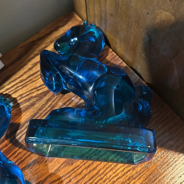 Peacock Blue Glass Rearing Horse Statues From 1940’s Art Deco Mid Century For Sale - Image 9 of 10