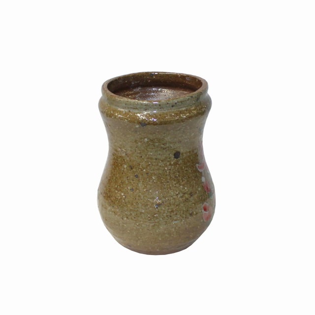 Rustic Handmade Ceramic Brown Tan Gray Flower Graphic Jar Vase For Sale - Image 3 of 6