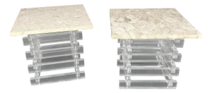 Pair Stacked Lucite Square Marble Travertine Tops End Side Occasional Tables