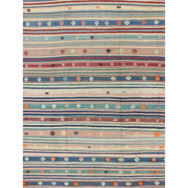 Colorful vintage Turkish Kilim rug with horizontal stripes and tribal designs, Keivan Woven Arts / rug emd-136530, country...