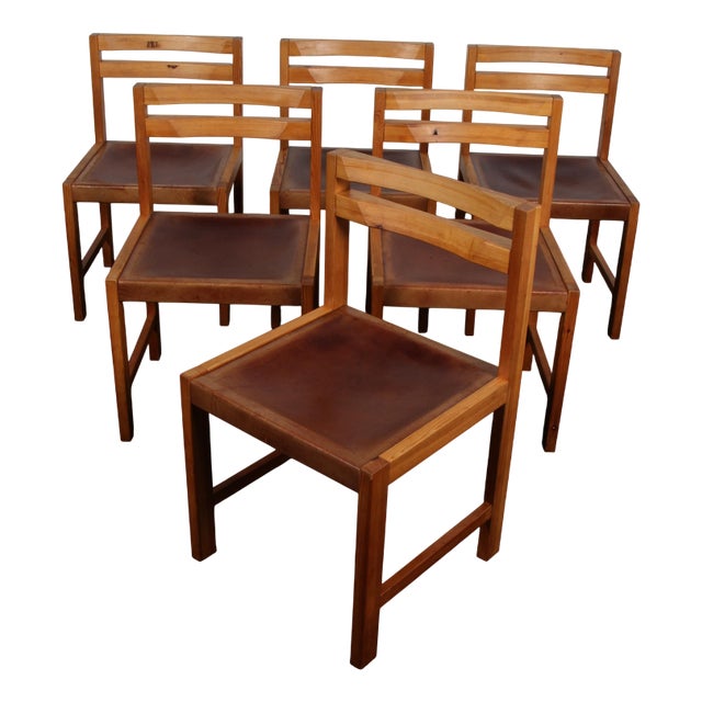 Vintage Dining Chairs in Pine and Saddle Leather by Knud Færch, 1960s, Set of 6 For Sale