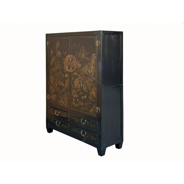 Vintage Chinese Black Golden Scenery Storage Armoire Wardrobe Cabinet |  Chairish