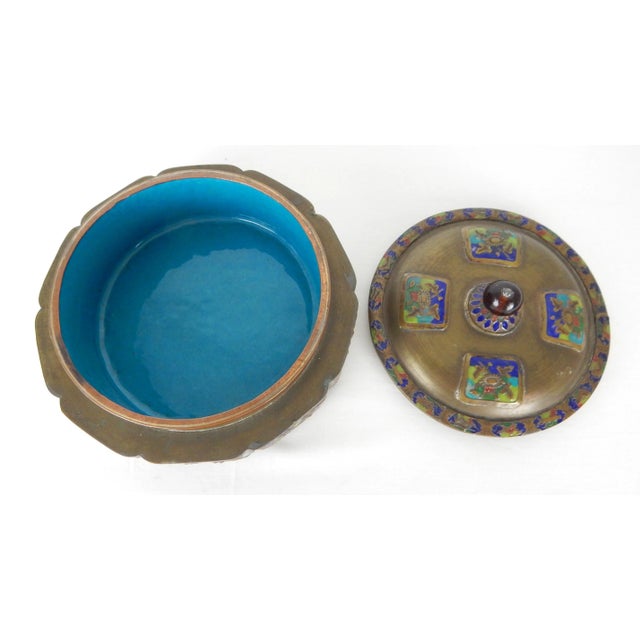 Early 20th Century Early 20th Century Chinese Brass Enameled Box With Turquoise Blue Interior For Sale - Image 5 of 12