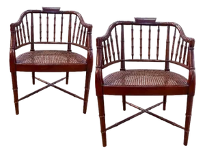 Pair of Baker Furniture Faux Bamboo and Cane Regency Armchairs