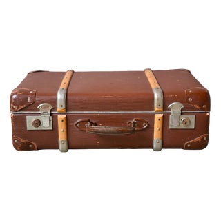 Vintage Travel Suitcase with Rigid Cardboard and Wooden Handles, 1940s For Sale