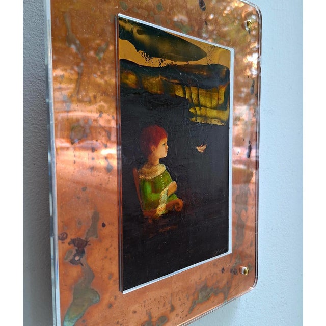 Monika Rossa, Boy with a Bird, Oil Painting, Framed, in Flawless conditions. Designed from 2000 This piece has an...