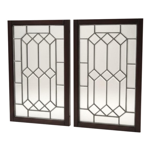 Wood Framed Beveled Tudor Diamond Shaped Paned Wall Mirrors - A Pair For Sale