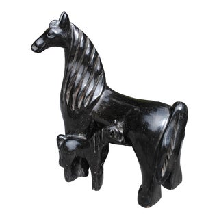 Camilio "Sunflower" Tafoya Sculptural Horse: Mare and Foal Black Ware Pottery For Sale