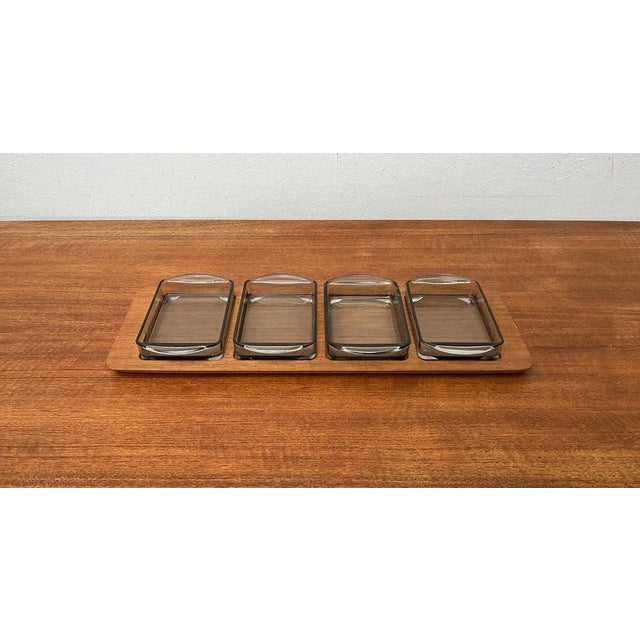 Mid-Century Danish Cabaret Glass Bowls from Holmegaard with Teak Tray from Digsmed, 1960s, Set of 5 For Sale - Image 13 of 13
