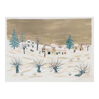 1960s Maurice Loirand Village in Snow Lithograph For Sale